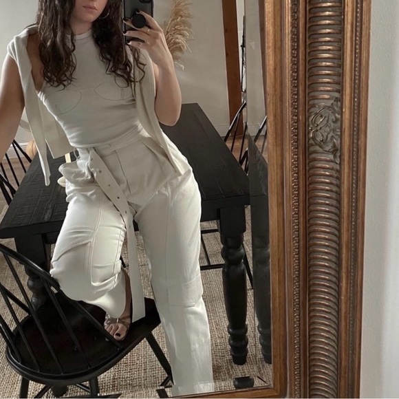 Low Classic Cream Straight-Leg Cargo Jumpsuit Pants with Belt - Picture 9 of 9